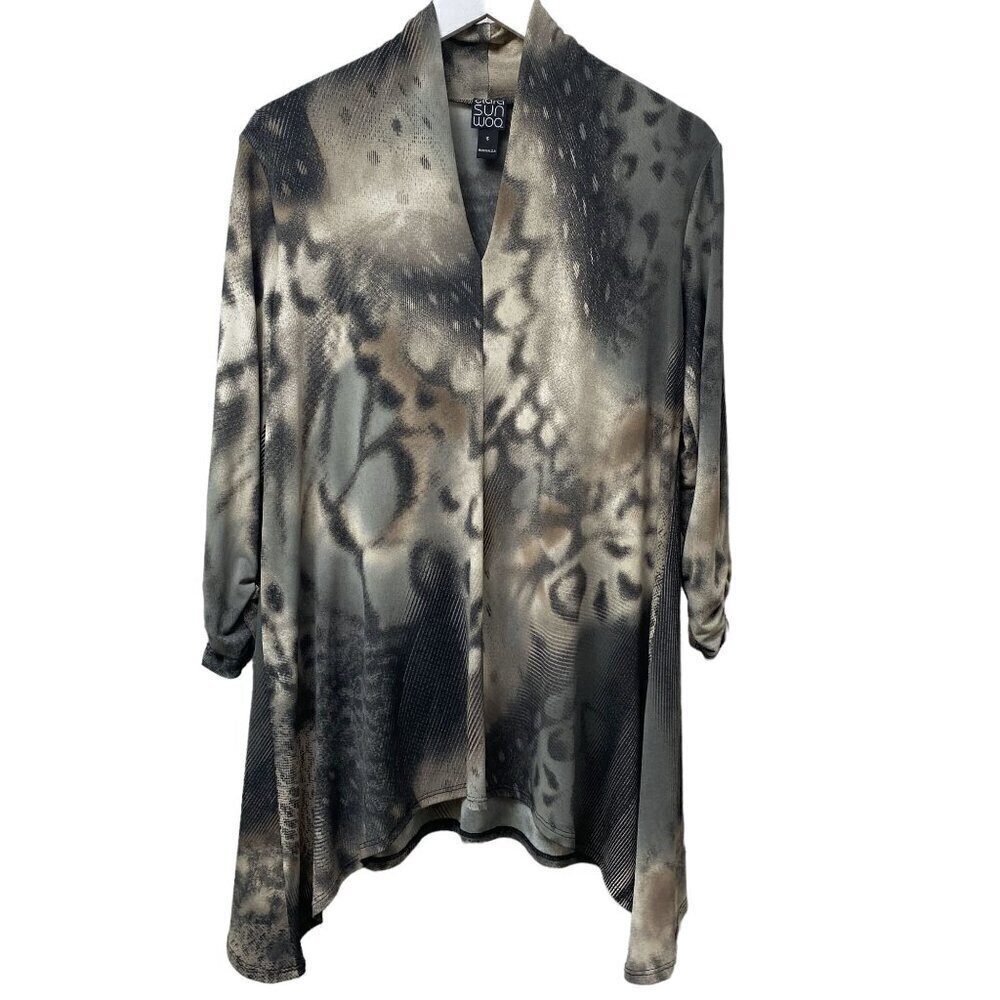 CLARA SUN WOO Tunic Top Small Stretch Jersey Artsy Modern Gray Print 3/4 sleeve
